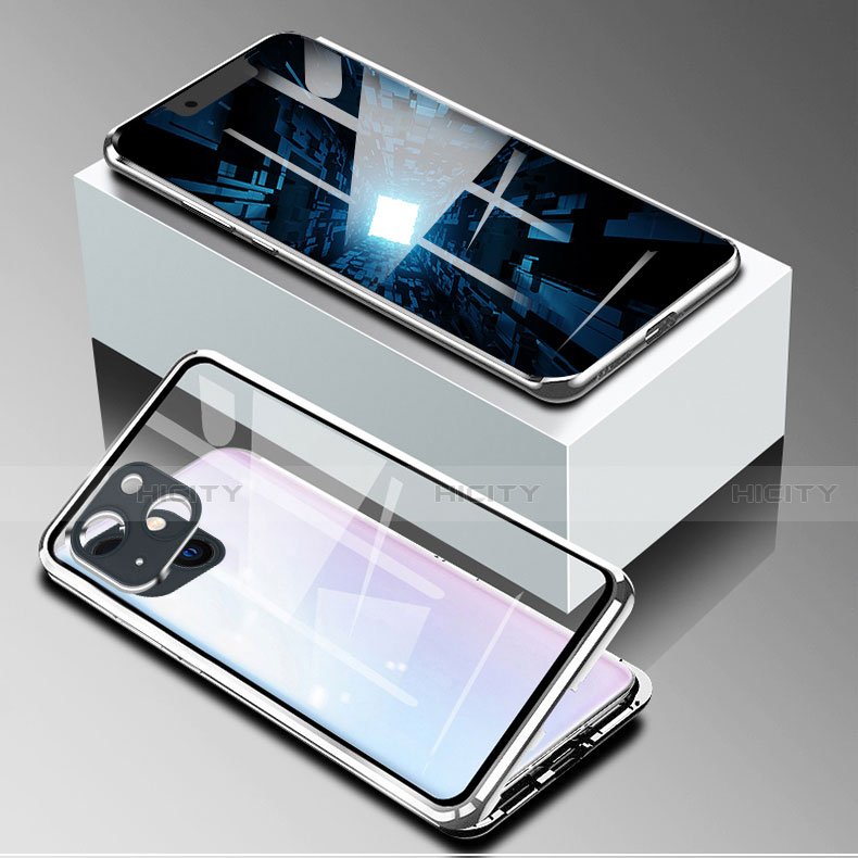Coque Rebord Bumper Luxe Aluminum Metal Miroir 360 Degres Housse Etui Aimant M09 pour Apple iPhone 13 Mini Argent Plus