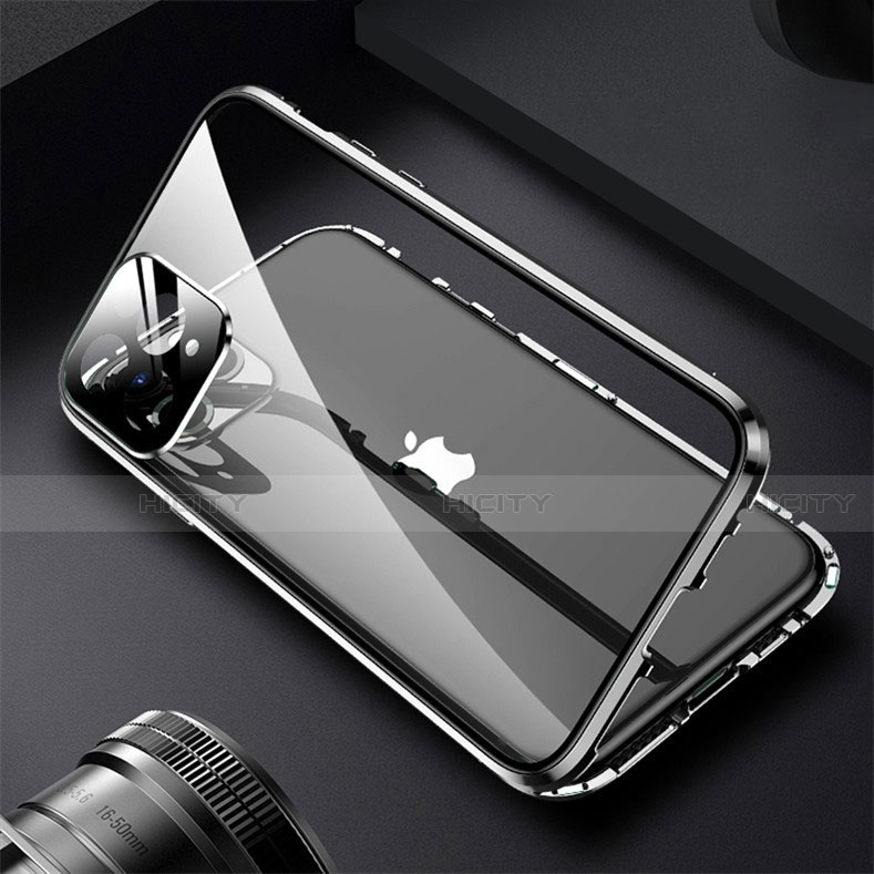 Coque Rebord Bumper Luxe Aluminum Metal Miroir 360 Degres Housse Etui Aimant M09 pour Apple iPhone 14 Pro Noir Plus