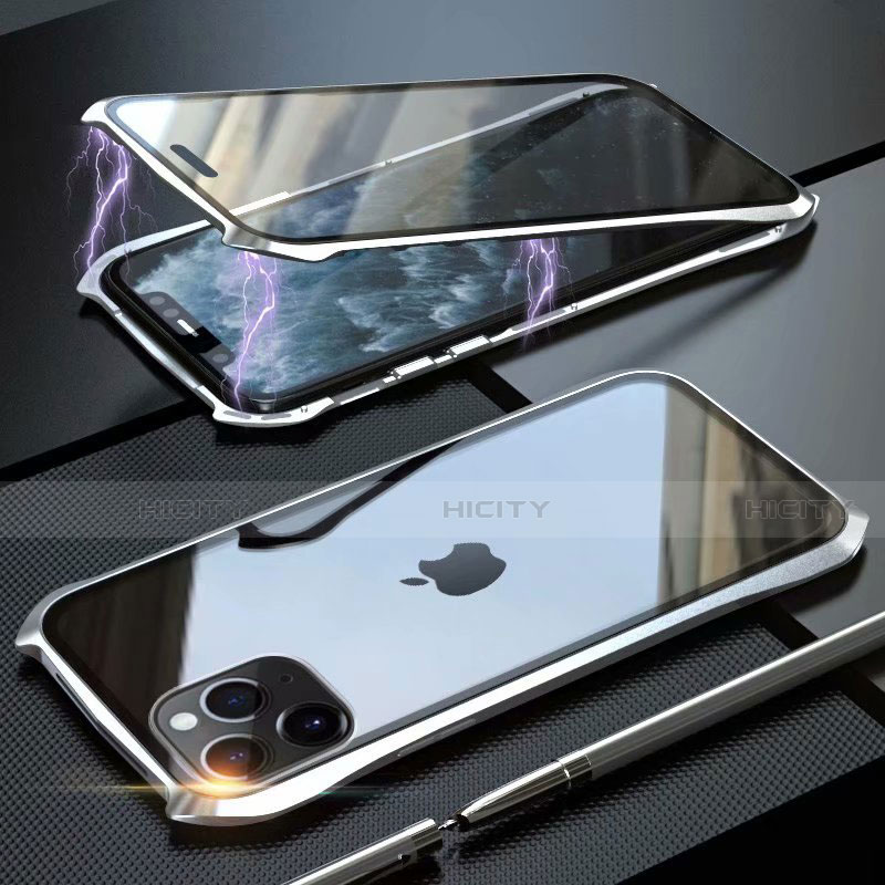 Coque Rebord Bumper Luxe Aluminum Metal Miroir 360 Degres Housse Etui Aimant M10 pour Apple iPhone 11 Pro Max Argent Plus