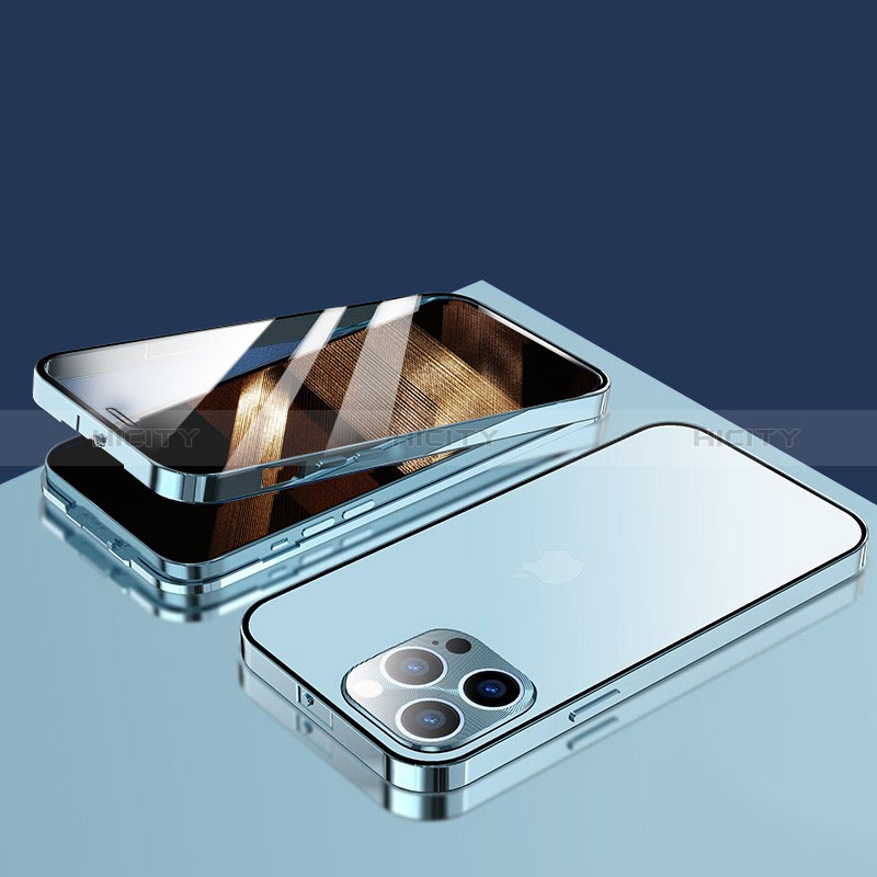 Coque Rebord Bumper Luxe Aluminum Metal Miroir 360 Degres Housse Etui Aimant M10 pour Apple iPhone 14 Pro Bleu Plus