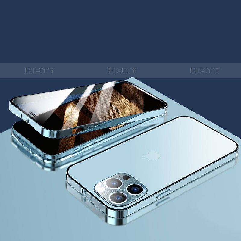 Coque Rebord Bumper Luxe Aluminum Metal Miroir 360 Degres Housse Etui Aimant M10 pour Apple iPhone 15 Pro Bleu Plus