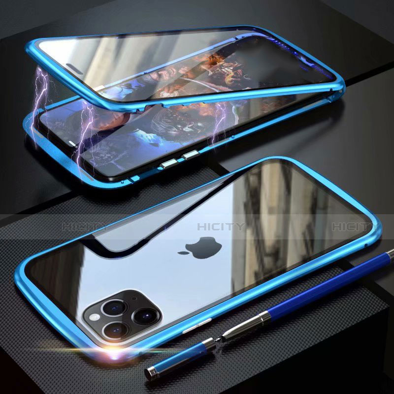 Coque Rebord Bumper Luxe Aluminum Metal Miroir 360 Degres Housse Etui Aimant M11 pour Apple iPhone 11 Pro Bleu Ciel Plus