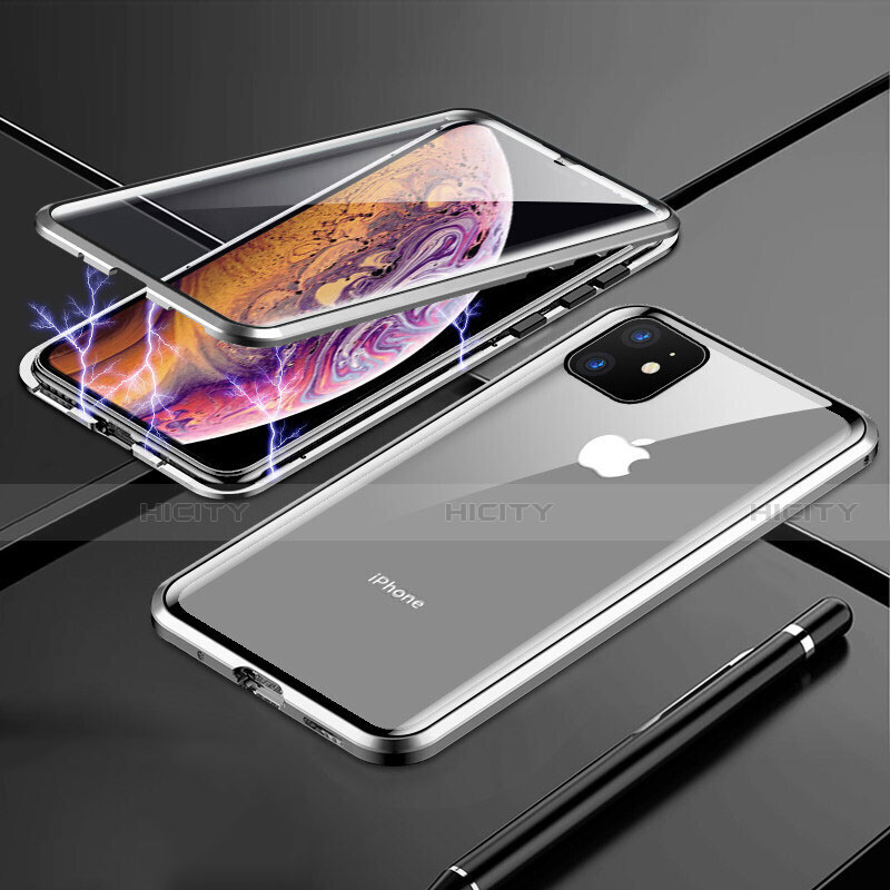 Coque Rebord Bumper Luxe Aluminum Metal Miroir 360 Degres Housse Etui Aimant pour Apple iPhone 11 Argent Plus