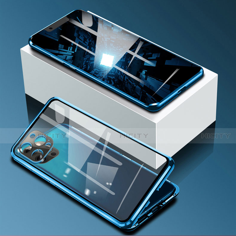 Coque Rebord Bumper Luxe Aluminum Metal Miroir 360 Degres Housse Etui Aimant pour Apple iPhone 13 Pro Max Bleu Plus