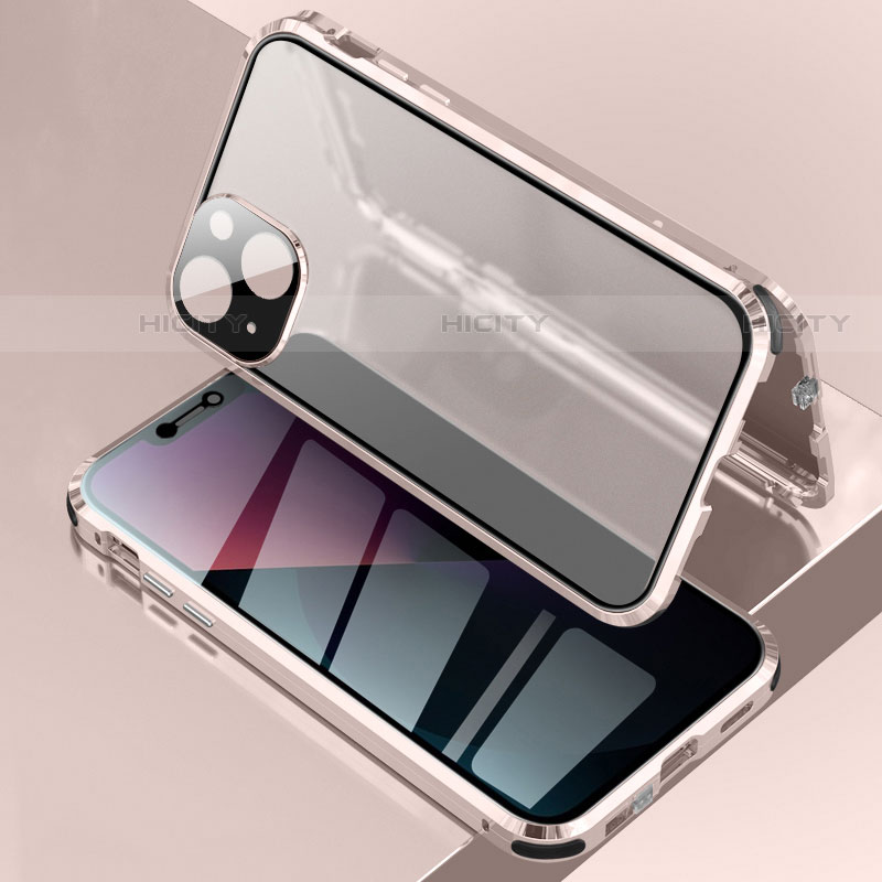Coque Rebord Bumper Luxe Aluminum Metal Miroir 360 Degres Housse Etui Aimant pour Apple iPhone 14 Or Rose Plus