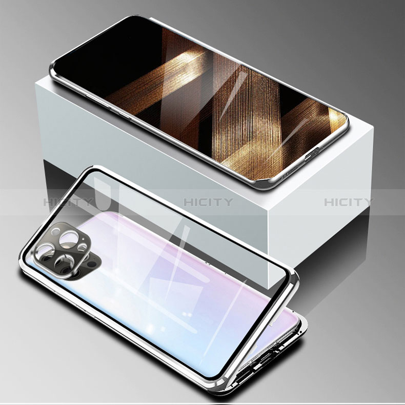 Coque Rebord Bumper Luxe Aluminum Metal Miroir 360 Degres Housse Etui Aimant pour Apple iPhone 14 Pro Max Argent Plus