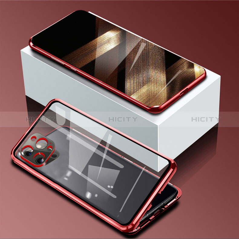 Coque Rebord Bumper Luxe Aluminum Metal Miroir 360 Degres Housse Etui Aimant pour Apple iPhone 14 Pro Rouge Plus