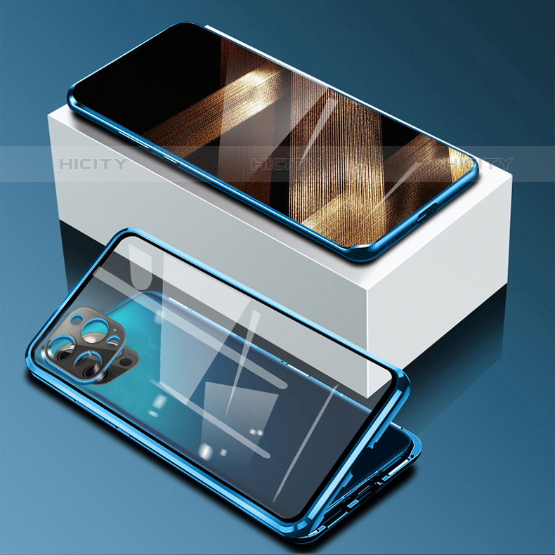 Coque Rebord Bumper Luxe Aluminum Metal Miroir 360 Degres Housse Etui Aimant pour Apple iPhone 15 Pro Bleu Plus