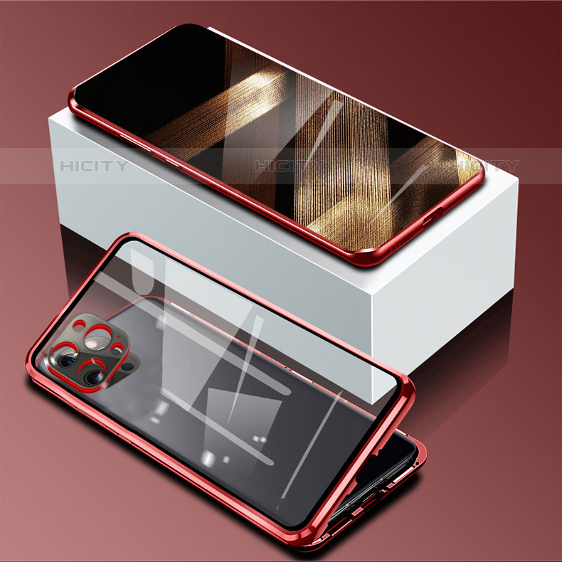 Coque Rebord Bumper Luxe Aluminum Metal Miroir 360 Degres Housse Etui Aimant pour Apple iPhone 15 Pro Max Rouge Plus