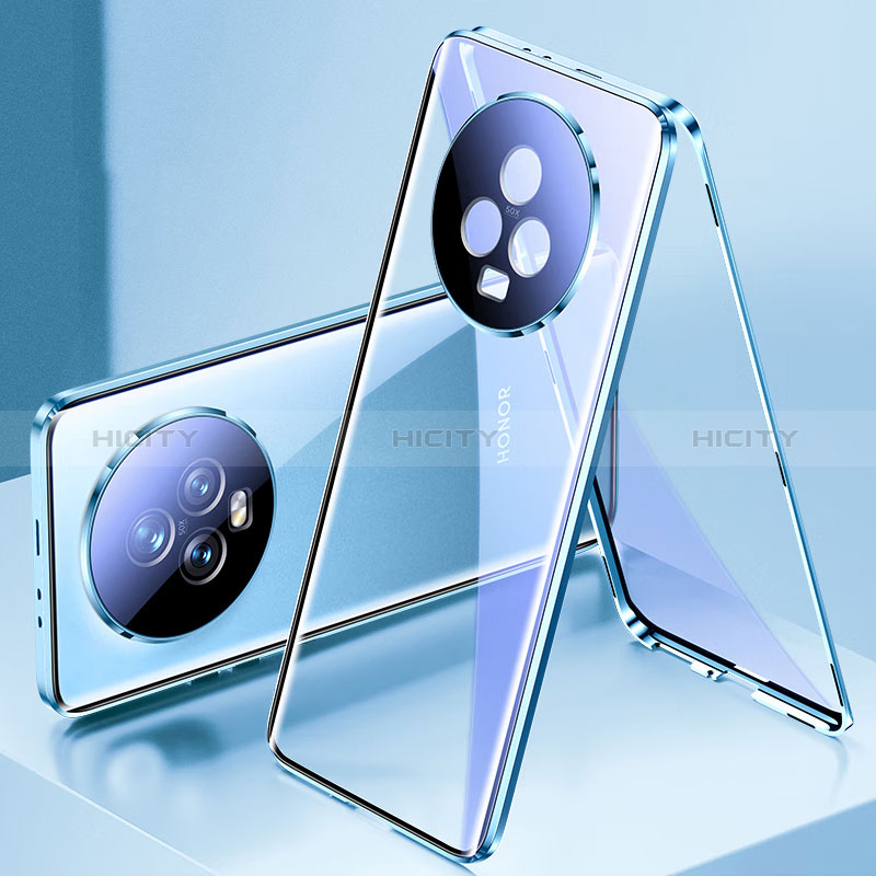 Coque Rebord Bumper Luxe Aluminum Metal Miroir 360 Degres Housse Etui Aimant pour Huawei Honor Magic5 5G Bleu Plus