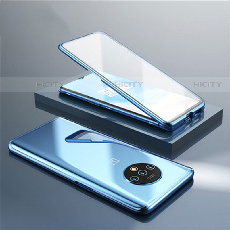 Coque Rebord Bumper Luxe Aluminum Metal Miroir 360 Degres Housse Etui Aimant pour OnePlus 7T Bleu Plus