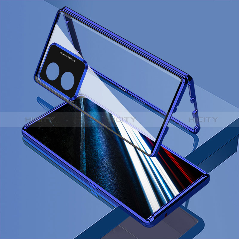 Coque Rebord Bumper Luxe Aluminum Metal Miroir 360 Degres Housse Etui Aimant pour Oppo A58 4G Bleu Plus