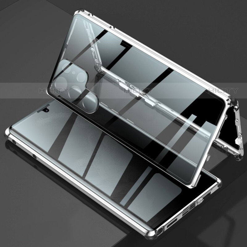 Coque Rebord Bumper Luxe Aluminum Metal Miroir 360 Degres Housse Etui Aimant pour Samsung Galaxy S22 Ultra 5G Argent Plus