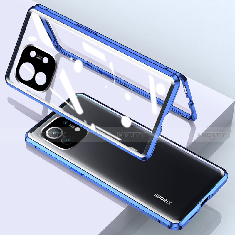 Coque Rebord Bumper Luxe Aluminum Metal Miroir 360 Degres Housse Etui Aimant pour Xiaomi Mi 11 5G Bleu Plus