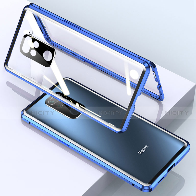 Coque Rebord Bumper Luxe Aluminum Metal Miroir 360 Degres Housse Etui Aimant pour Xiaomi Redmi Note 9 Bleu Plus