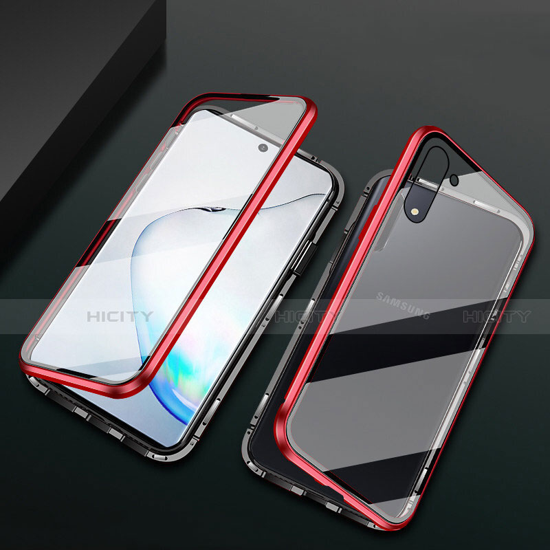 Coque Rebord Bumper Luxe Aluminum Metal Miroir 360 Degres Housse Etui Aimant T04 pour Samsung Galaxy Note 10 5G Rouge et Noir Plus