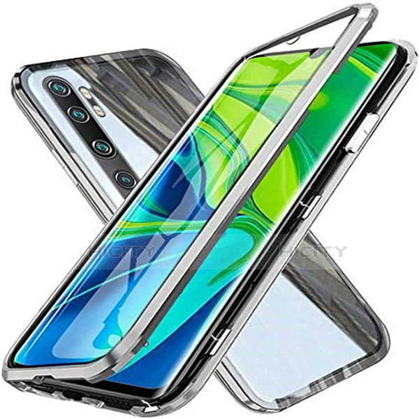Coque Rebord Bumper Luxe Aluminum Metal Miroir 360 Degres Housse Etui Aimant T04 pour Xiaomi Mi Note 10 Argent Plus