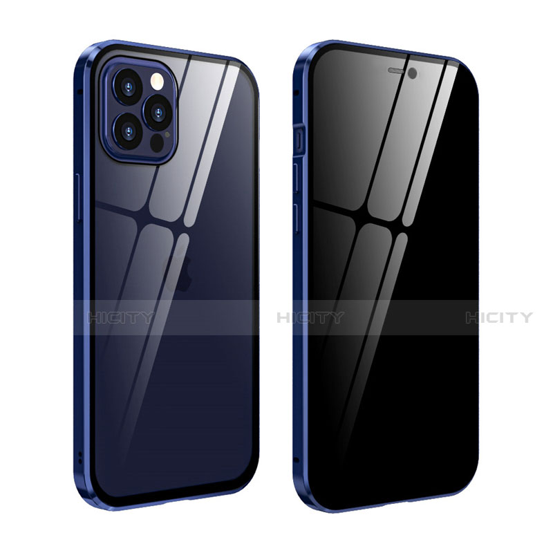 Coque Rebord Bumper Luxe Aluminum Metal Miroir 360 Degres Housse Etui Aimant T05 pour Apple iPhone 12 Pro Bleu Royal Plus