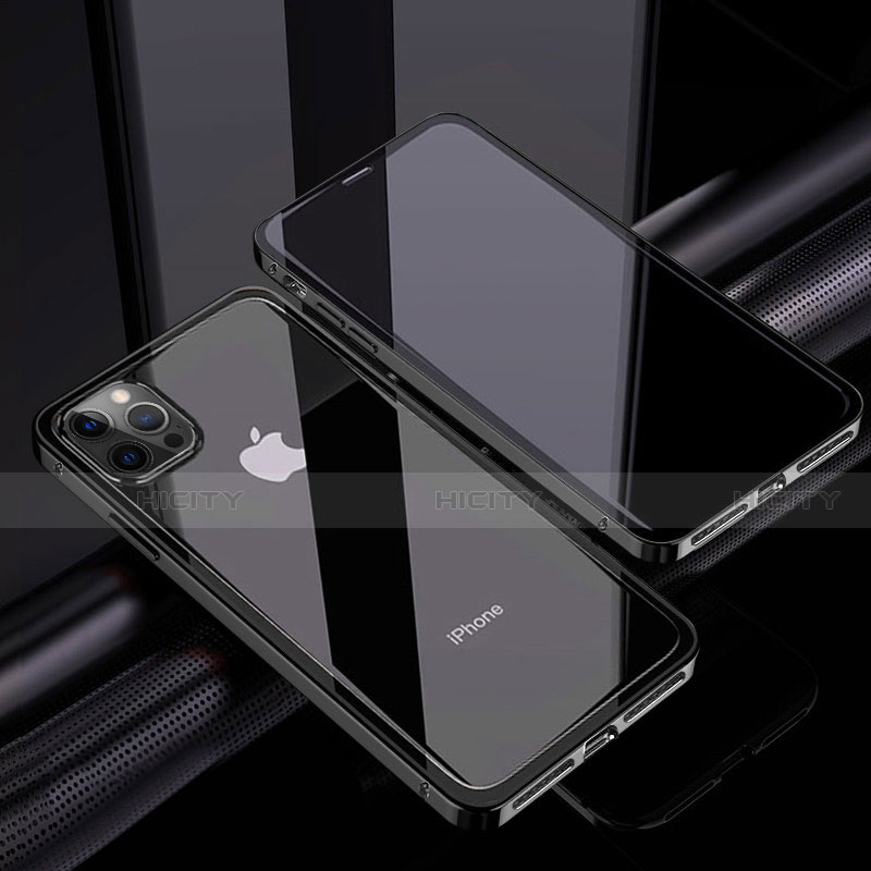 Coque Rebord Bumper Luxe Aluminum Metal Miroir 360 Degres Housse Etui Aimant T06 pour Apple iPhone 12 Pro Noir Plus