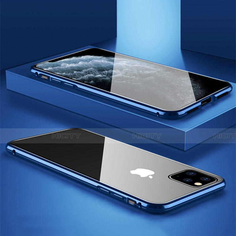 Coque Rebord Bumper Luxe Aluminum Metal Miroir 360 Degres Housse Etui Aimant T11 pour Apple iPhone 11 Pro Bleu Plus