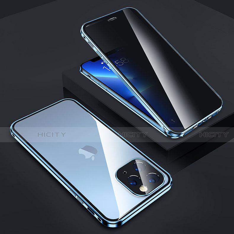 Coque Rebord Bumper Luxe Aluminum Metal Miroir 360 Degres Housse Etui Aimant Z05 pour Apple iPhone 13 Pro Max Bleu Plus