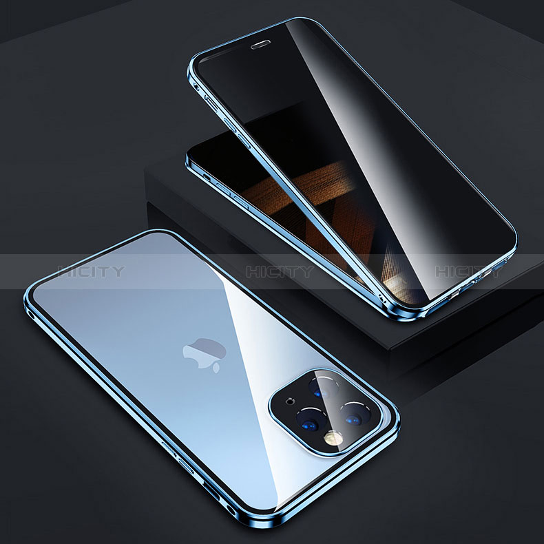 Coque Rebord Bumper Luxe Aluminum Metal Miroir 360 Degres Housse Etui Aimant Z05 pour Apple iPhone 14 Pro Max Bleu Plus