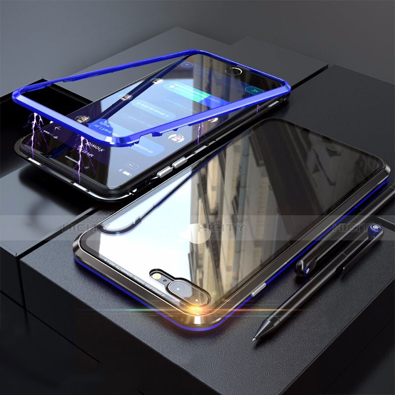 Coque Rebord Bumper Luxe Aluminum Metal Miroir 360 Degres Housse Etui M01 pour Apple iPhone 8 Plus Bleu Plus