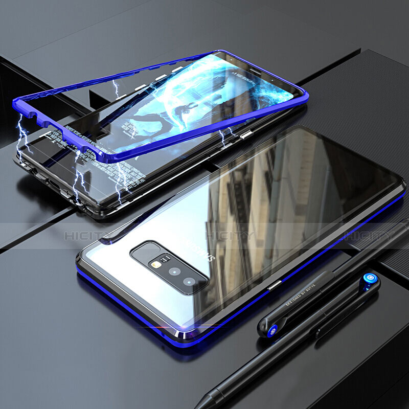 Coque Rebord Bumper Luxe Aluminum Metal Miroir 360 Degres Housse Etui pour Samsung Galaxy Note 8 Duos N950F Bleu Plus