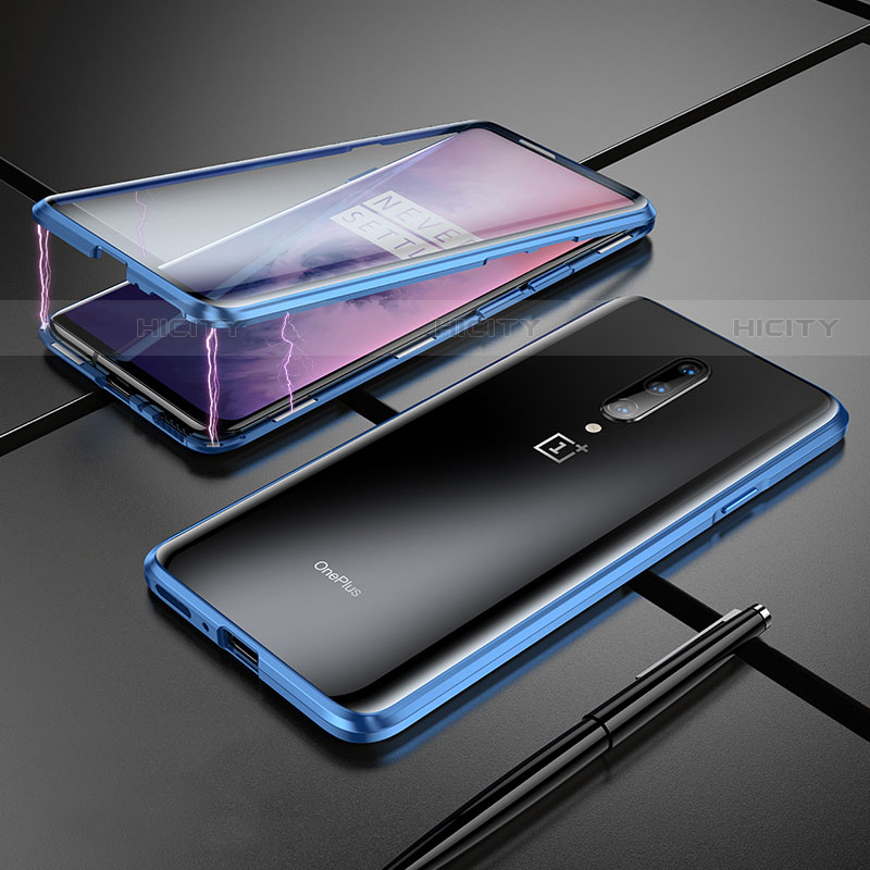 Coque Rebord Bumper Luxe Aluminum Metal Miroir Housse Etui pour OnePlus 7 Pro Bleu Plus