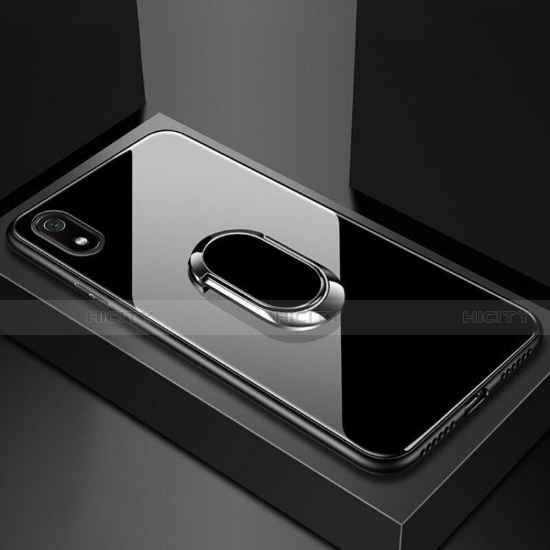 Coque Rebord Contour Silicone et Vitre Miroir Housse Etui avec Support Bague Anneau Magnetique A01 pour Xiaomi Redmi 7A Noir Plus