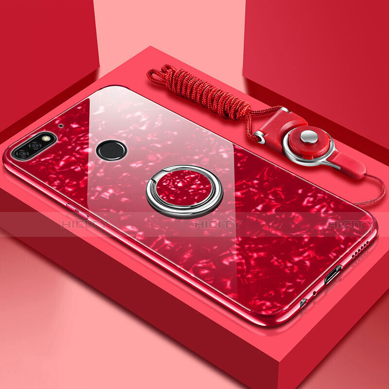 Coque Rebord Contour Silicone et Vitre Miroir Housse Etui avec Support Bague Anneau Magnetique M01 pour Huawei Enjoy 8e Rouge Plus