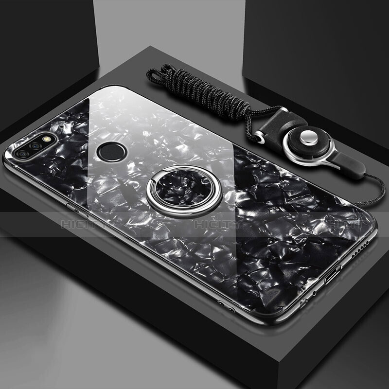 Coque Rebord Contour Silicone et Vitre Miroir Housse Etui avec Support Bague Anneau Magnetique M01 pour Huawei Honor 7A Noir Plus