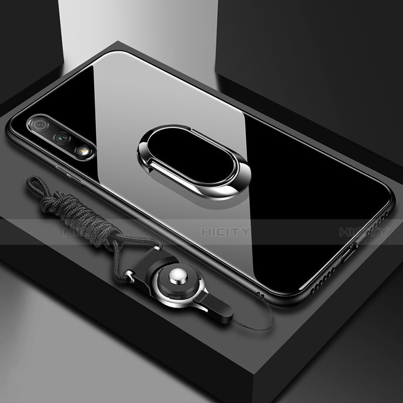 Coque Rebord Contour Silicone et Vitre Miroir Housse Etui avec Support Bague Anneau Magnetique pour Huawei Enjoy 10 Noir Plus