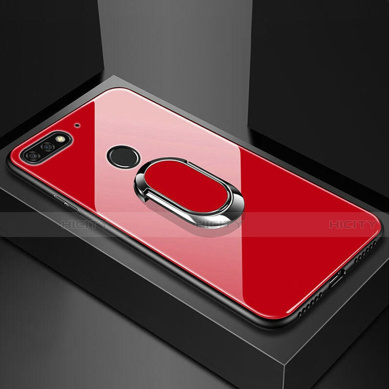 Coque Rebord Contour Silicone et Vitre Miroir Housse Etui avec Support Bague Anneau Magnetique pour Huawei Enjoy 8e Rouge Plus