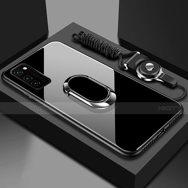 Coque Rebord Contour Silicone et Vitre Miroir Housse Etui avec Support Bague Anneau Magnetique pour Huawei Honor V30 5G Noir Plus