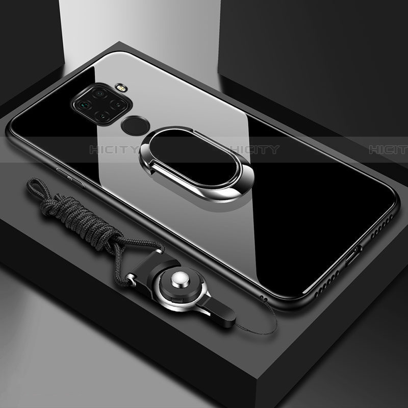 Coque Rebord Contour Silicone et Vitre Miroir Housse Etui avec Support Bague Anneau Magnetique pour Huawei Nova 5i Pro Noir Plus