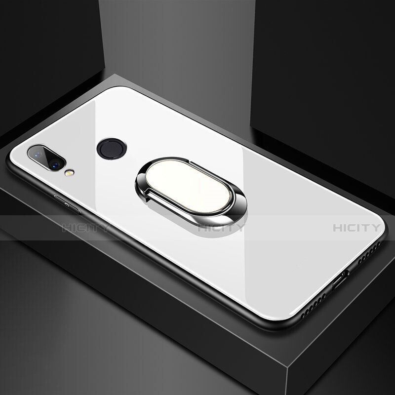 Coque Rebord Contour Silicone et Vitre Miroir Housse Etui avec Support Bague Anneau Magnetique pour Huawei P20 Lite Blanc Plus