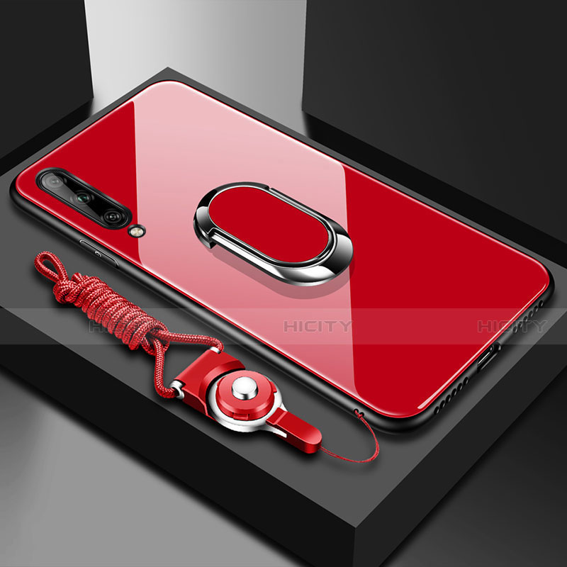 Coque Rebord Contour Silicone et Vitre Miroir Housse Etui avec Support Bague Anneau Magnetique pour Huawei Y8p Rouge Plus