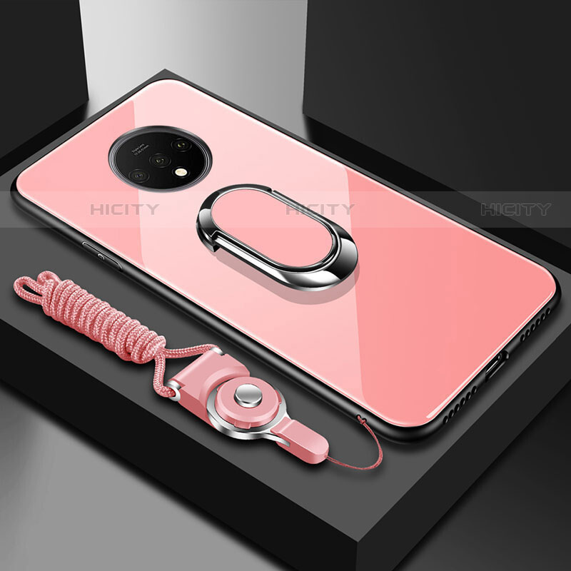 Coque Rebord Contour Silicone et Vitre Miroir Housse Etui avec Support Bague Anneau Magnetique pour OnePlus 7T Or Rose Plus
