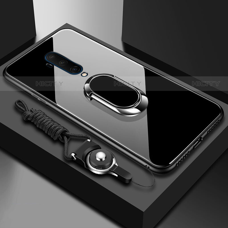 Coque Rebord Contour Silicone et Vitre Miroir Housse Etui avec Support Bague Anneau Magnetique pour OnePlus 7T Pro Noir Plus