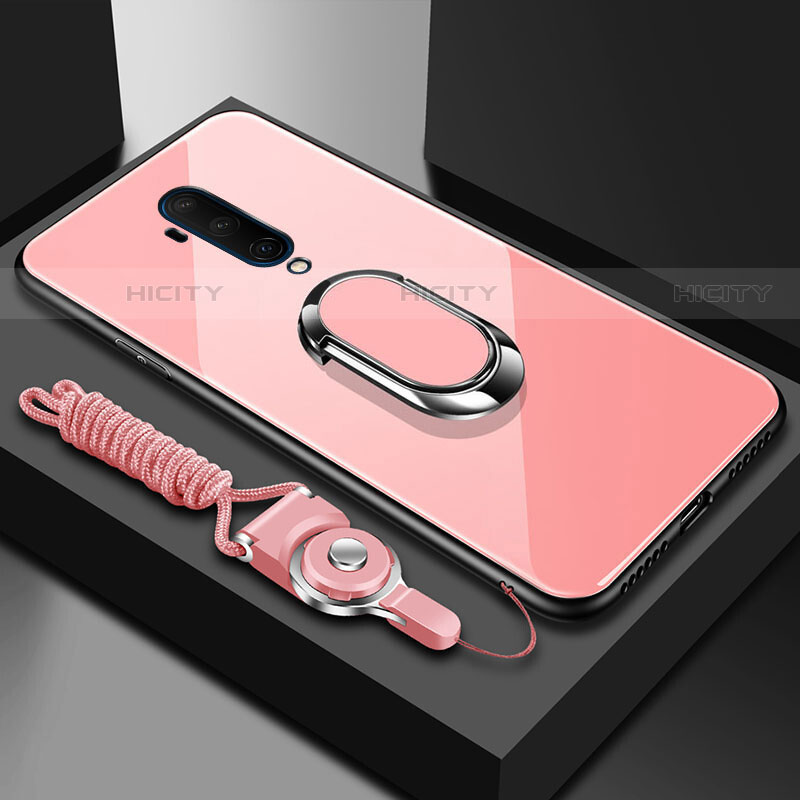 Coque Rebord Contour Silicone et Vitre Miroir Housse Etui avec Support Bague Anneau Magnetique pour OnePlus 7T Pro Or Rose Plus