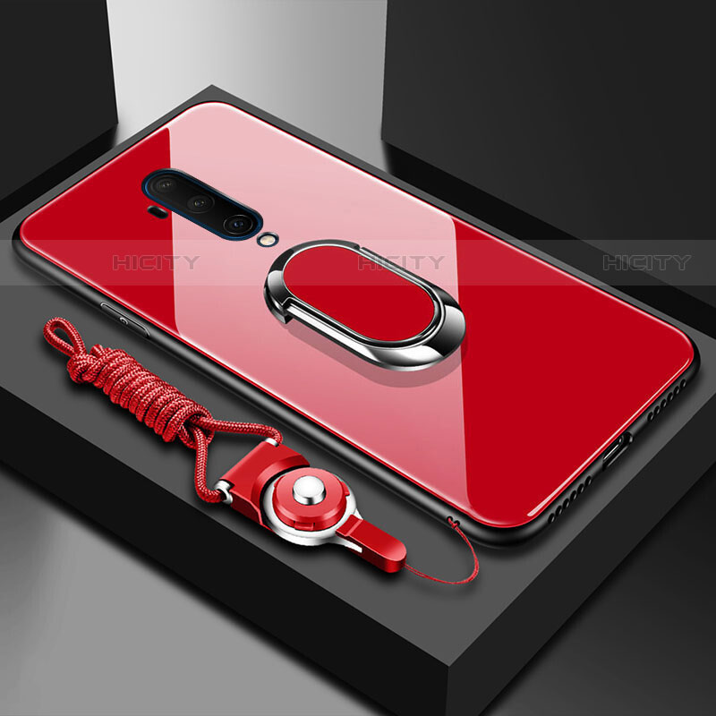 Coque Rebord Contour Silicone et Vitre Miroir Housse Etui avec Support Bague Anneau Magnetique pour OnePlus 7T Pro Rouge Plus