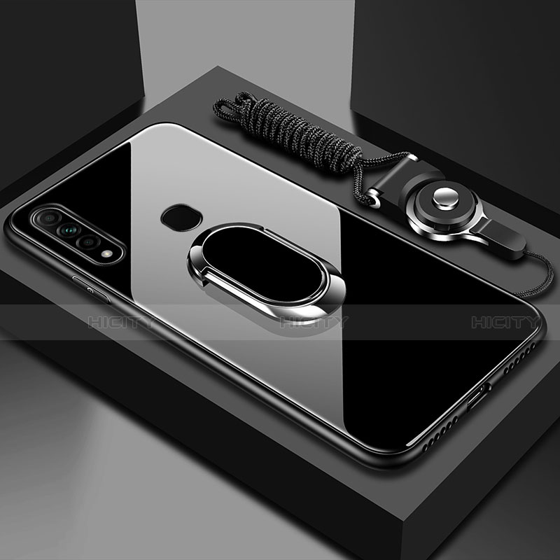 Coque Rebord Contour Silicone et Vitre Miroir Housse Etui avec Support Bague Anneau Magnetique pour Oppo A8 Noir Plus