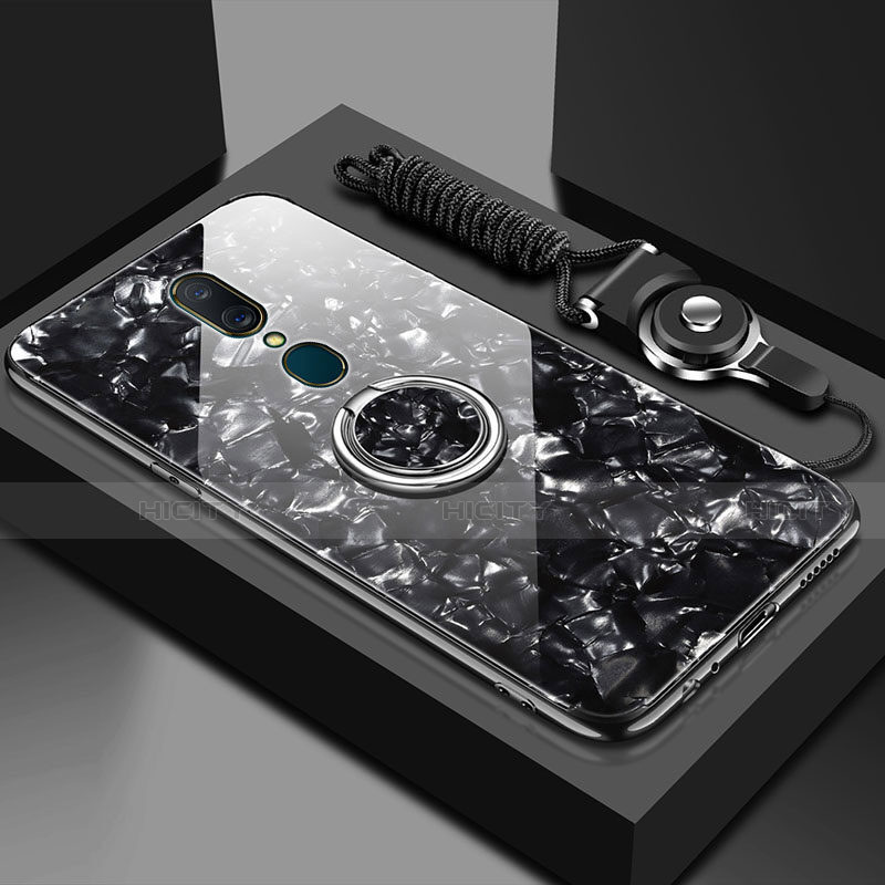 Coque Rebord Contour Silicone et Vitre Miroir Housse Etui avec Support Bague Anneau Magnetique pour Oppo A9 Noir Plus