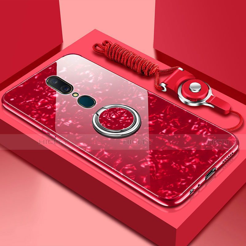 Coque Rebord Contour Silicone et Vitre Miroir Housse Etui avec Support Bague Anneau Magnetique pour Oppo A9 Rouge Plus