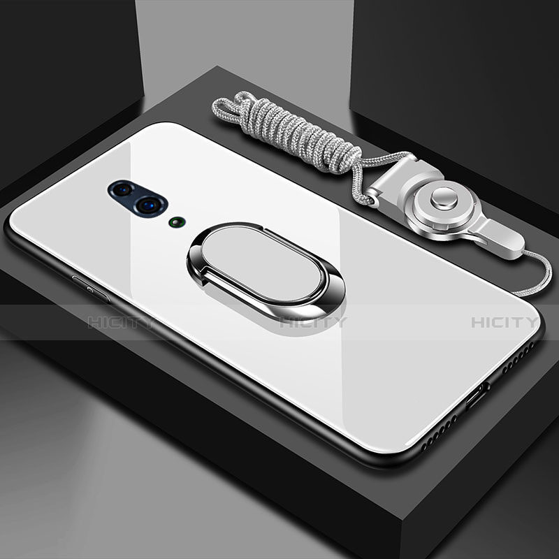 Coque Rebord Contour Silicone et Vitre Miroir Housse Etui avec Support Bague Anneau Magnetique pour Oppo Realme X Blanc Plus