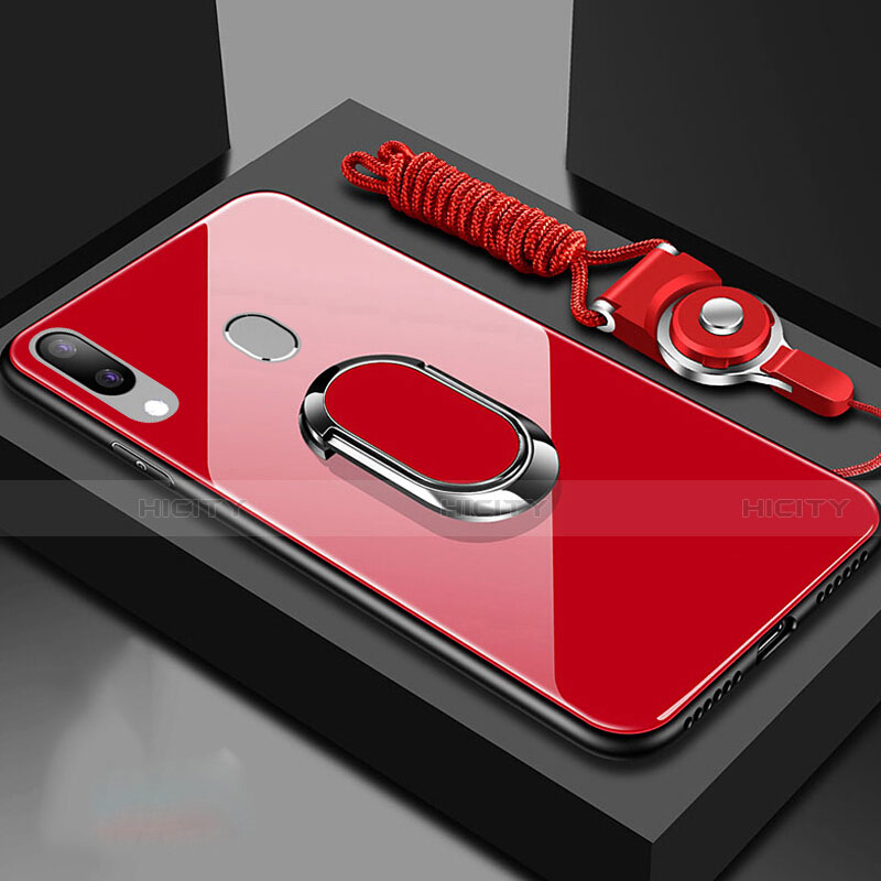 Coque Rebord Contour Silicone et Vitre Miroir Housse Etui avec Support Bague Anneau Magnetique pour Samsung Galaxy A30 Rouge Plus