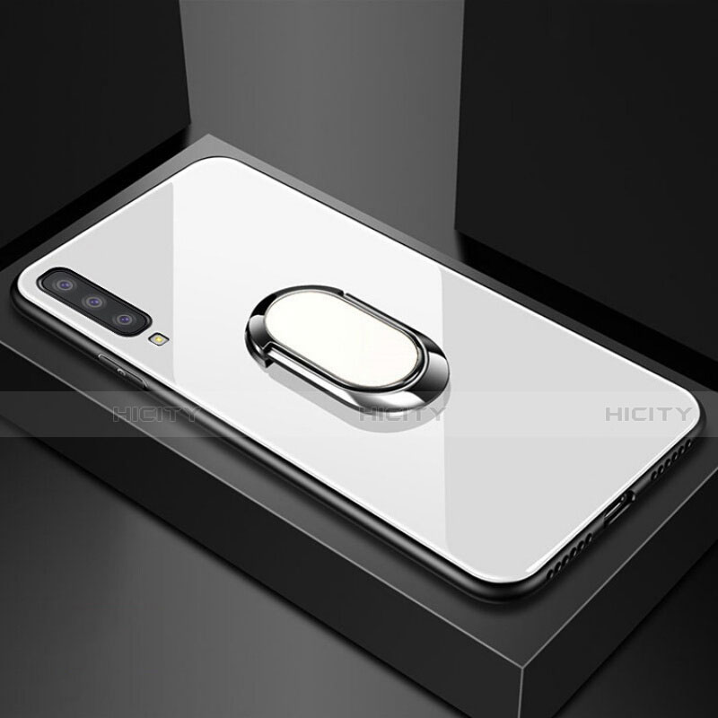 Coque Rebord Contour Silicone et Vitre Miroir Housse Etui avec Support Bague Anneau Magnetique pour Samsung Galaxy A70 Blanc Plus