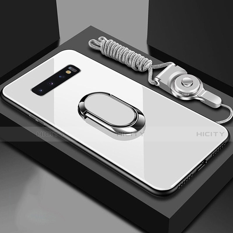 Coque Rebord Contour Silicone et Vitre Miroir Housse Etui avec Support Bague Anneau Magnetique pour Samsung Galaxy S10 5G Blanc Plus