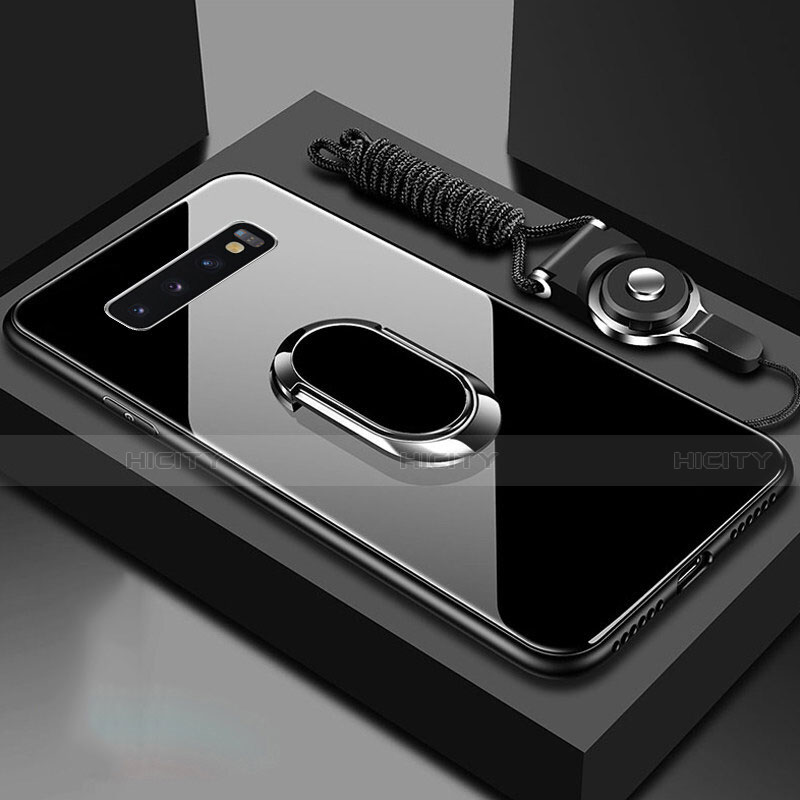Coque Rebord Contour Silicone et Vitre Miroir Housse Etui avec Support Bague Anneau Magnetique pour Samsung Galaxy S10 5G Noir Plus